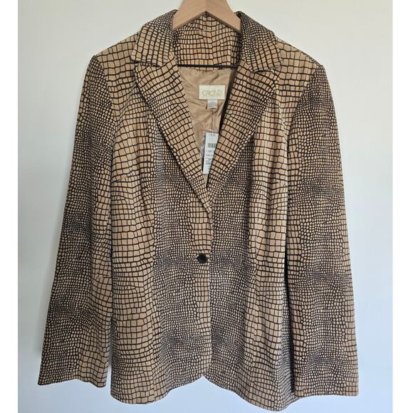 Caché 100% Suede Brown Beige Animal/Croc Print Blazer Jacket NWT Sz 12 - Picture 1 of 3